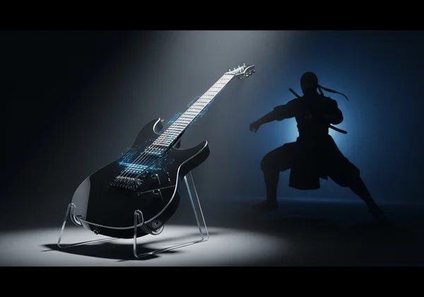 A ninja silhouette holding a guitar with glowing strings.