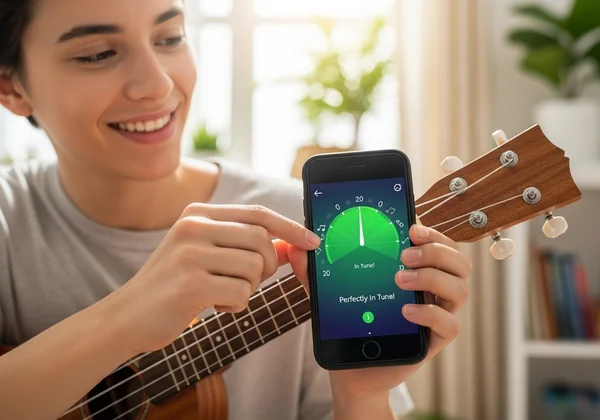 Beginner happily tuning ukulele using an online app