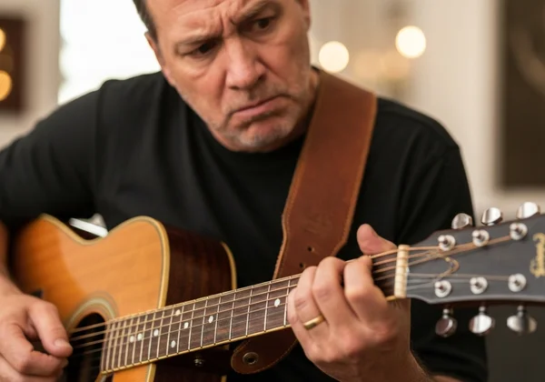 Frustrated guitarist with an out-of-tune acoustic guitar