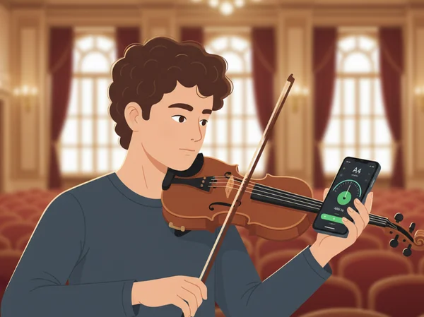 Violinist using a digital tuner on a smartphone app