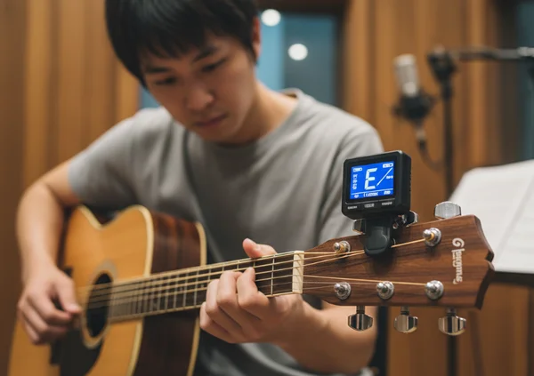 Musician using a digital tuner for precision
