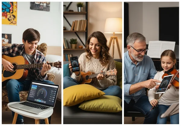Diverse group of musicians using a tuner on their devices.