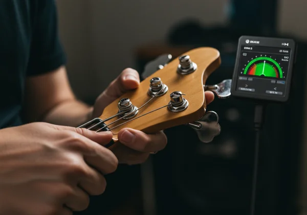 Hands adjusting bass tuning peg with a digital tuner in view
